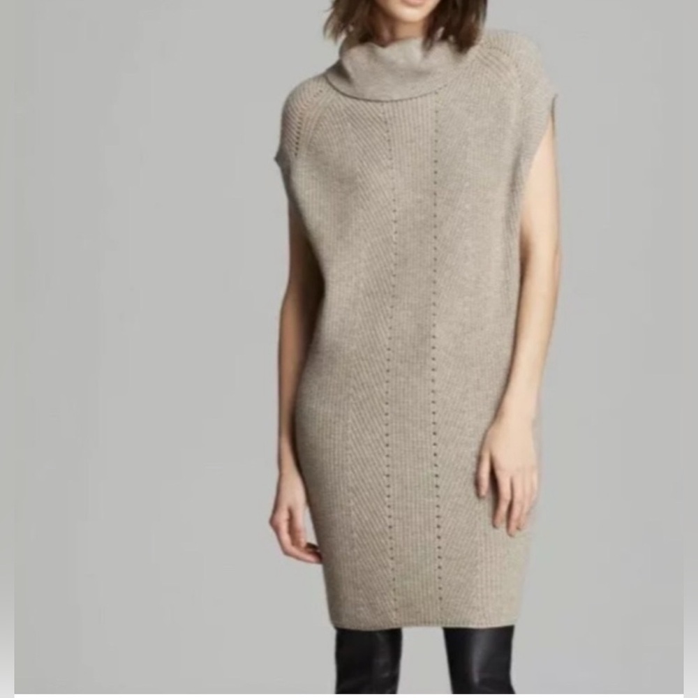 Vince Cowl Neck Sleeveless Beige Sweater Dress Wool Cashmere Knit Ribbed Tunic